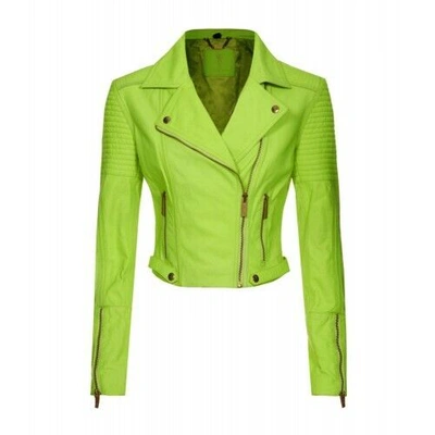 Pre-owned Of The Realm Neon Yellow Branded Quilted Ladies Biker Leather Jacket Sizes6 And8 Uk Xmas Sale