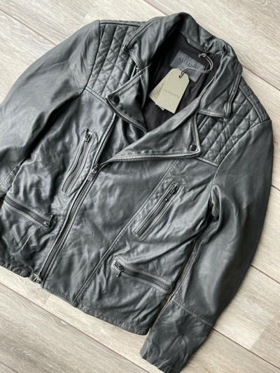 Pre-owned Allsaints All Saints Men's Black Grey "cargo" Leather Biker Jacket Coat - Small - Tags