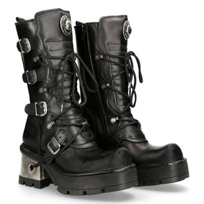 Pre-owned New Rock Newrock 373-s33 Ladies Black 100% Leather Boots Goth Punk Emo Rock Biker Boots
