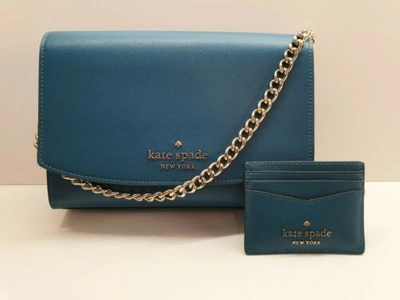 Pre-owned Kate Spade Crossbody Bag + Cardholder. Teal / Blue Leather, Chain. Rrp £370