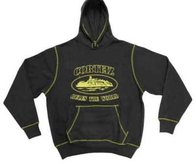 Pre-owned Black Cortiez Rules The World Hoodie  Yellow Graphics Cotton Exposed Stitching S