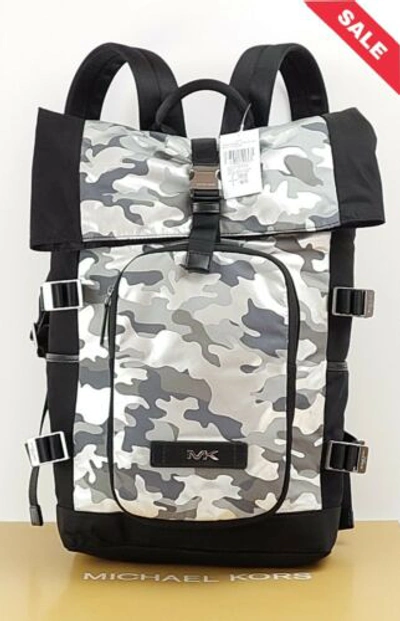Pre-owned Michael Kors Mens Backpack Kent Roll Top Black/silver Camo Rrp £320