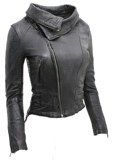 Pre-owned Infinity Ladies Short Retro Black Removable Zip Neck Leather Biker Jacket