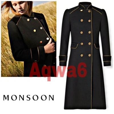 Pre-owned Monsoon Maddie Tags  Black Military Long Wool Coat Uk 10