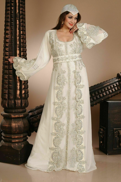 Pre-owned Fashion Elegant Moroccan Kaftan Thobe Bridal Hand Embroidery Wedding Gown Takshita Var