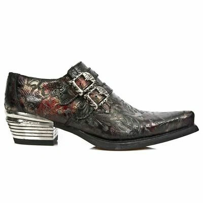 Pre-owned New Rock Rock 7960-s5 Black Vintage Red Flower Leather Western Steel Paisley Shoes
