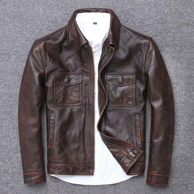 Pre-owned Style Genuine Mens Brown Leather Biker  Leather Jacket Removable Hood