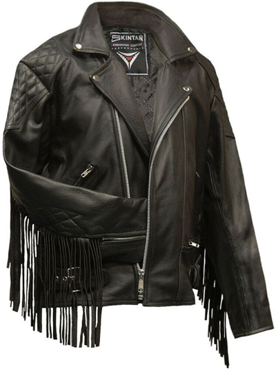 Pre-owned Skintan Mens Leather Fringed Tassel Fringe Classic Diamond Motorcycle Biker Jacket Black