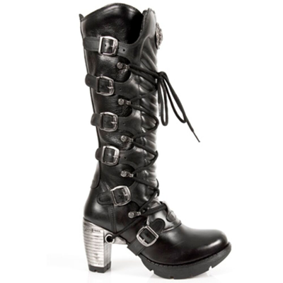 Pre-owned New Rock Rock 004-s1 Ladies Black 100% Leather Goth Punk Emo Rock Biker Boots