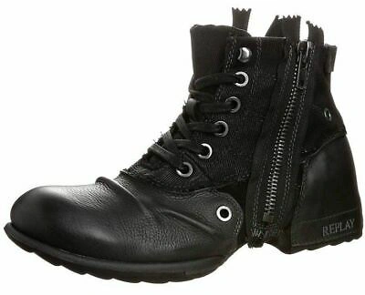Pre-owned Replay Clutch Black Mens Side Zip Mid Ankle Leather Army Boots Shoes