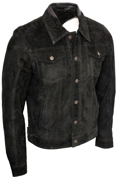 Pre-owned Infinity Men's Trucker Casual Black Goat Suede Leather Shirt Jeans Jacket