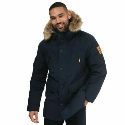 Pre-owned Timberland Men's  Downfree Regular Fit Detachable Faux Fur Parka Jacket In Blue