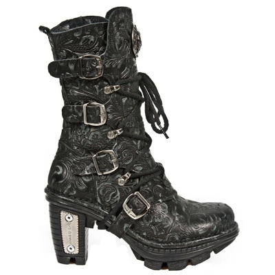 Pre-owned New Rock Rock Neotr005-s25 Ladies Leather Boots Vintage Floral Black Gothic Rock Punk