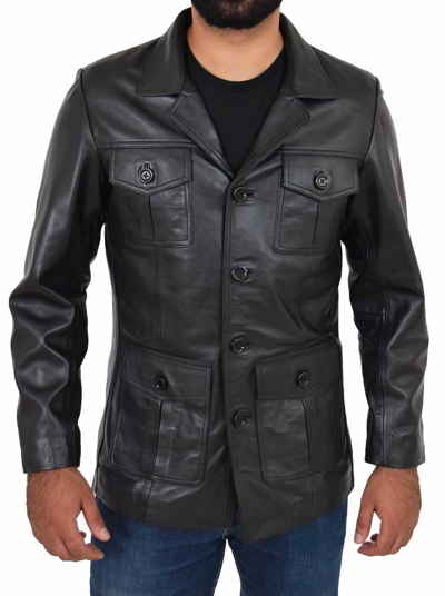 Pre-owned Fashion Mens Black Leather Safari Jacket Fitted Classic Retro Blazer Hunters Reefer Coat