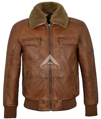 Pre-owned Smart Mens Pilot Leather Jacket Tan Fur Collared Classic Bomber Style B3 Leater Jacket