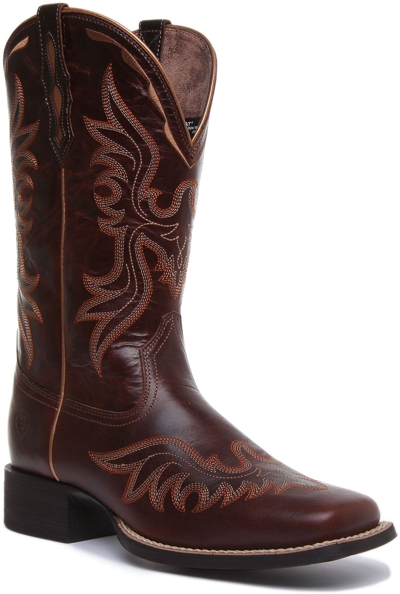 Pre-owned Ariat Round Up Flutter Five Row Stitch Square Toe Boot In Mahogony Size Uk 4 - 9