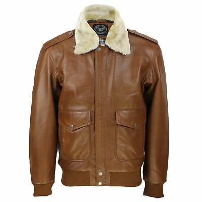 Pre-owned Xposed Mens Real Leather Tan Brown Vintage Pilot Removable Fur Collar Bomber Jacket