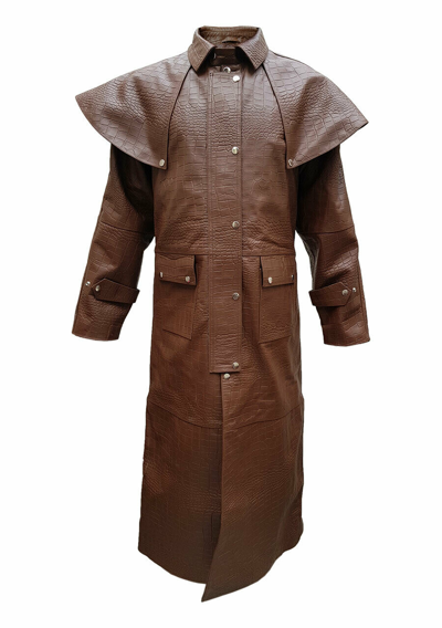 Pre-owned Bargain Woman Mens Real Brown Crocodile Leather Duster Riding Hunting Steampunk Trench Coat