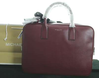 Pre-owned Michael Kors Men's Russell Large Leather Burnt Malbec Briefcase Rrp £390