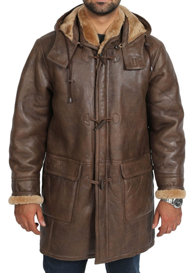 Pre-owned Fashion Mens Real Sheepskin Duffle Coat Brown 3/4 Knee Long Hooded Warm Shearling Jacket