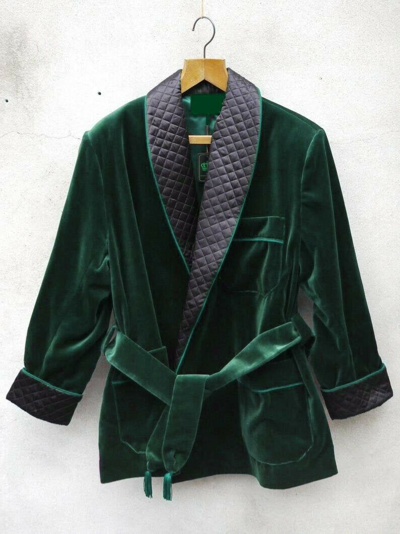 Pre-owned Handmade Men Green Smoking Jacket Dressing Gown Velvet Quilted Coat Designer Belted Dinner Blazer