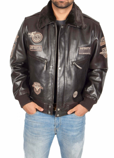 Pre-owned Fashion Mens Pilot Leather Jacket Heavy Duty Brown Bomber Aviator With Collar Badges