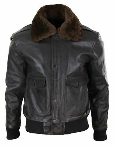 Pre-owned Infinity Mens Real Leather Aviator Bomber Jacket Removable Fur Collar Pilot Flying Jacket