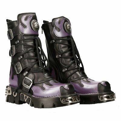 Pre-owned New Rock Rock M-591-s5 Purple Flame Punk Boots Black Leather Gothic Heavy Biker