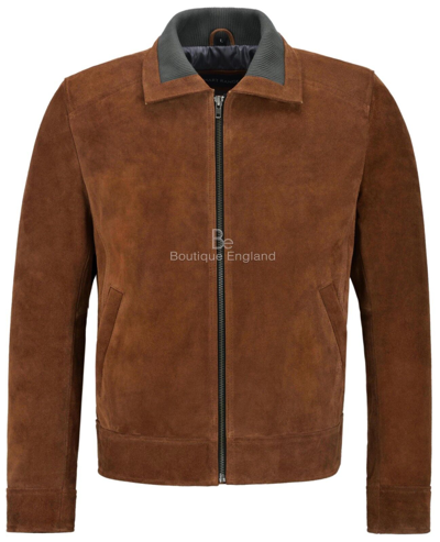 Pre-owned Smart Range Men's Suede Tan Modern Blouson Fashion Leather Bomber Jacket Knit Collared 2959