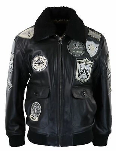 Pre-owned Truclothing Mens Full Black Grey Topgun Maverick Jacket Pilot Bomber Us Badges Black Fur