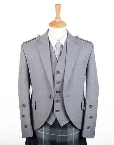 Pre-owned Gaelic Themes Traditional Light Grey Arrochar Tweed Braemar Jacket & 5 Button Vest - Long Fit