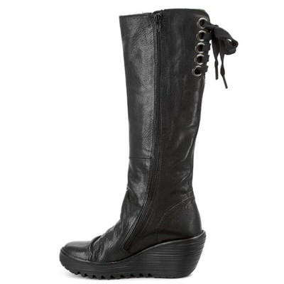 Pre-owned Fly London Knee High Boots  Black Leather Women's Wedge Boots Size 4-8