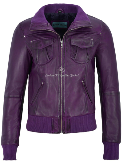 Pre-owned Smart Range Ladies Real Leather Jacket Purple Washed Biker Motorcycle Style "fusion" 3758