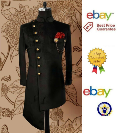 Pre-owned Cavalier Men Party Wedding Designer Custom Made Black Achken Mandarin Jodhpuri Blazer