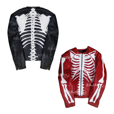 Pre-owned Style Mens Red Skeleton Bones Genuine Cowhide Leather Jacket | Biker Padded Jacket