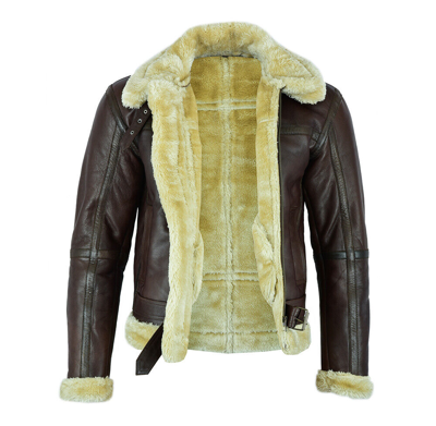 Pre-owned Leatherick Men Brown B3aviator Raf Goat Skin Leather Shearling Vintage Bomber Flying Jacket