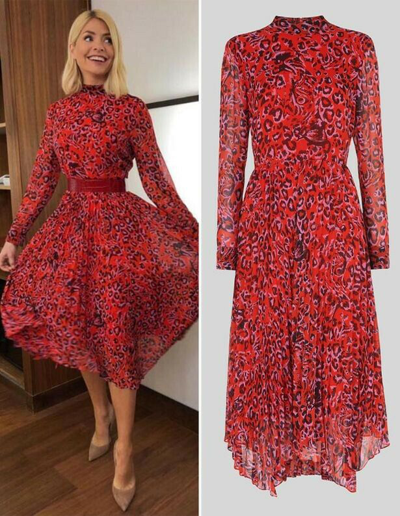 Pre-owned Whistles Red Jungle Cat Dress Uk 16 Pleated Midi Calf Aso Leopard Fit Flare