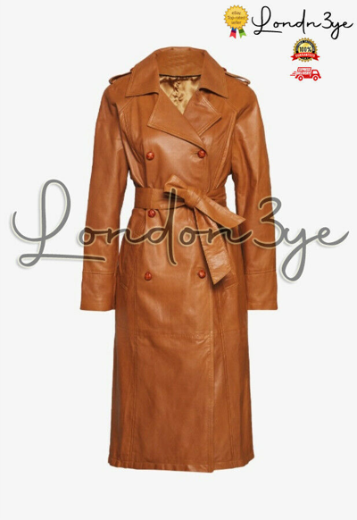 Pre-owned London Eye Women Genuine Lambskin Trench Coat Real Leather Blazer Classic Long Jacket