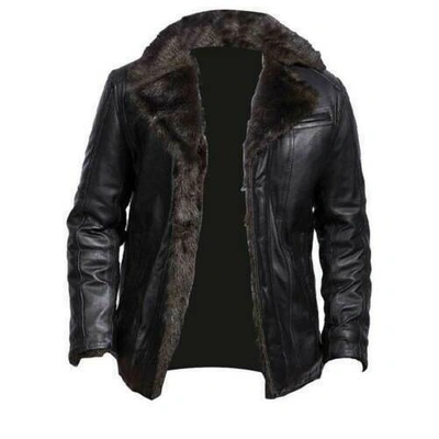 Pre-owned Realskin Mens Aviator Shearling Bomber Black Genuine Sheepskin Leather Jacket, Brown Fur