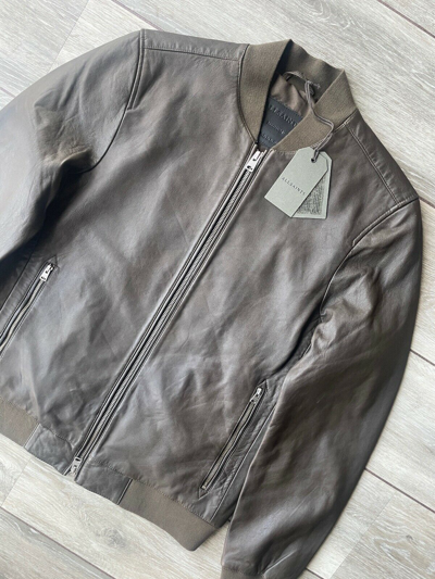 Pre-owned Allsaints All Saints Men's Khaki "niko" Leather Bomber Jacket Coat - S & M - Tags
