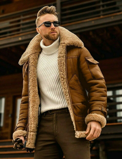 Pre-owned Vintage Mens Aviator Real Shearling Sheepskin Bomber With Real Fur Flying Raf 3 Jacket