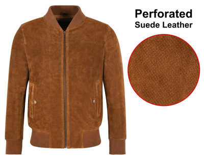 Pre-owned Smart Range Leather Men's Perforated Tan Suede Bomber Jacket Casual Fashion Real Leather Jacket 6006