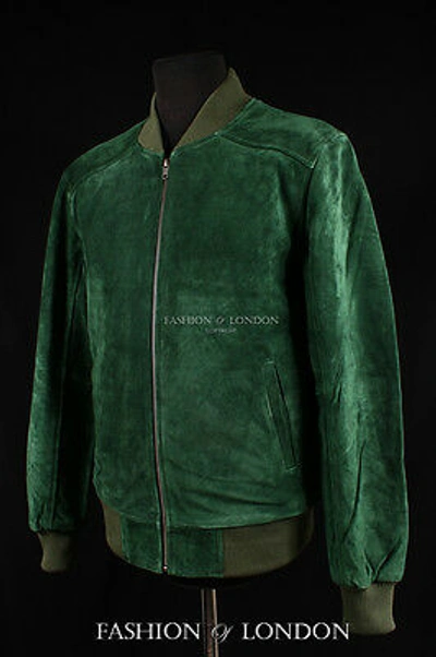 Pre-owned Real Leather Men's 70's Bomber Leather Jacket Green Pilot Aviator Style Suede Leather Jacket
