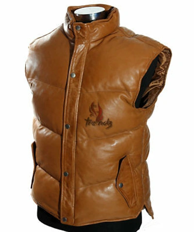 Pre-owned Real Leather Men's Everest Puffer Tan Lambskin Leather Military Padded Waistcoat