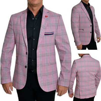 Pre-owned Mondo Mens  Blazer Jacket Check Pattern Pink Slim Fit Zip Pockets Season 2020