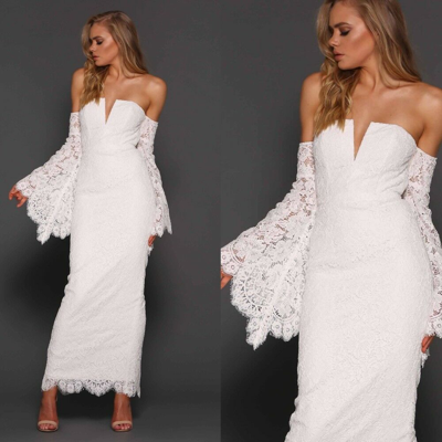Pre-owned Elle Zeitoune White Flared Sleeve Lace Long Maxi Dress Off The Shoulder Sz 10 12