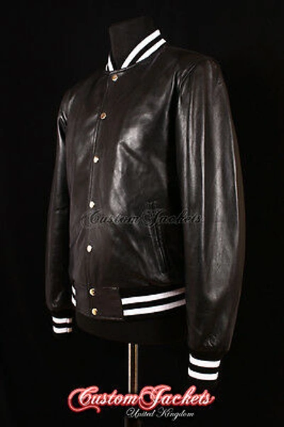 Pre-owned Real Leather Coat And Jackets Men's Baseball Leather Jacket Black College Varsity Real Leather Bomber Jacket