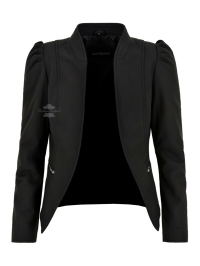 Pre-owned Carrie Hoxton Ladies Puff Sleeves Jacket Real Leather Matt Black Front Open Blazer Jacket 5370