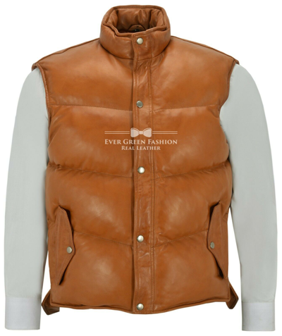 Pre-owned Real Leather Men's Puffer Leather Waistcoat Tan Lambskin Leather Padded Casual Waistcoat Style