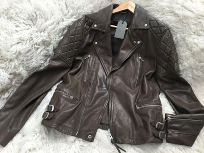 Pre-owned Allsaints Mens Leather Yuku Biker Jacket Sz L Slate Grey Brown Rrp £380